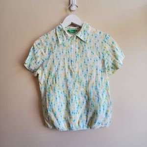 Vintage mint blue yellow short sleeve top half zip, small